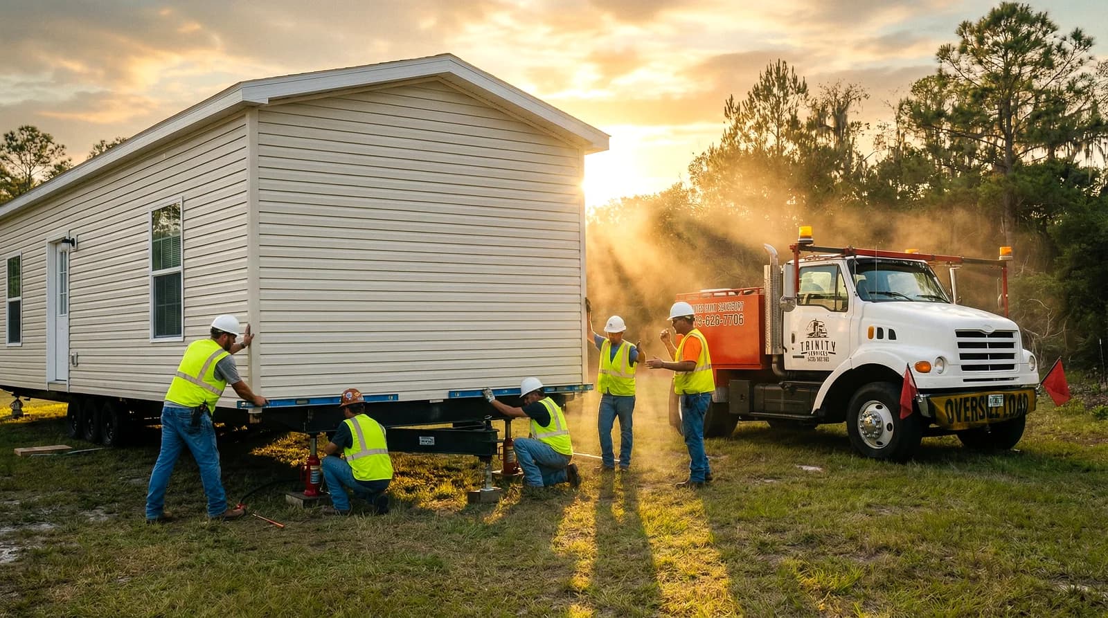 Equipo de Trinity Services instalando una casa móvil al atardecer, Florida